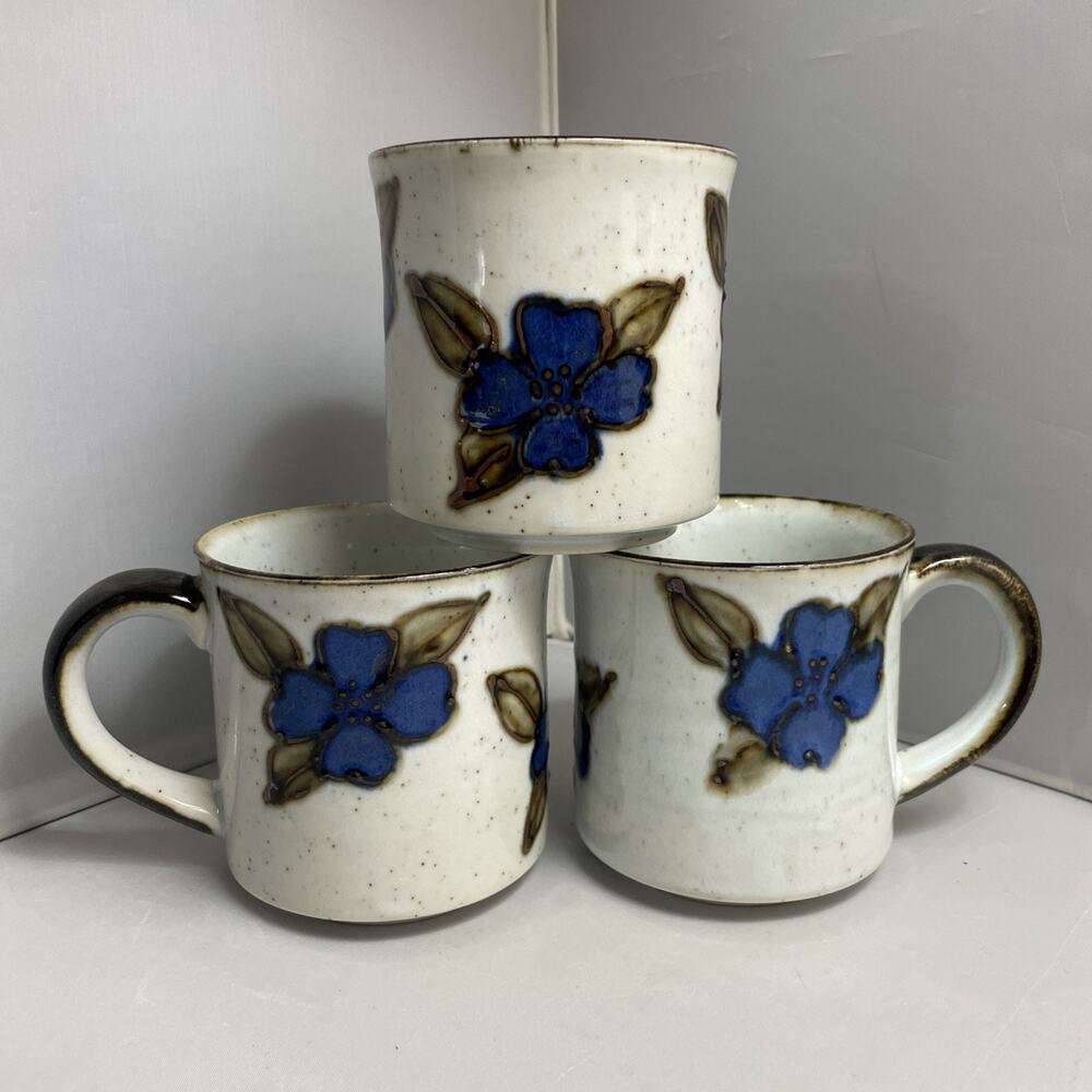 3‎ Vintage Glazed Pottery Coffee Mugs Speckled Blue Flower Brown Handle
